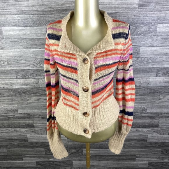 URBAN OUTFITTERS Button Down Round Neck Tan Striped Cardigan Sweater Women's L - Picture 12 of 12
